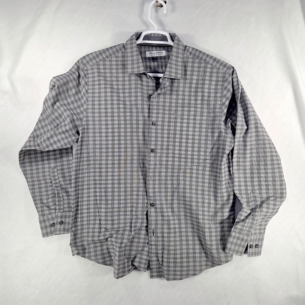 Tommy Bahama The Newport Coast Grey Plaid Pima Cotton Blend Button Down Shirt L
